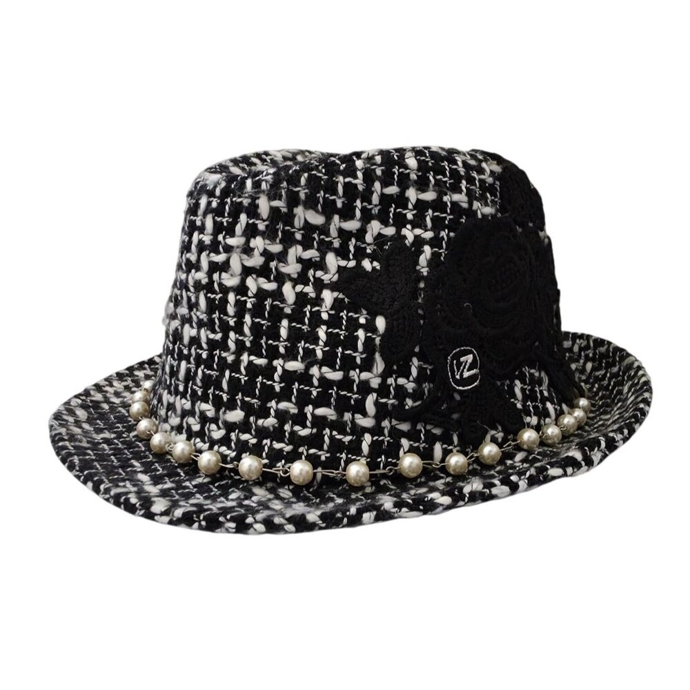 VON ZIPPER Black & White Women's Tweed Fedora w/ Pearl Chain & Lace Accent 6-7/8